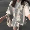 Camiseta Dopamina Laço Cinza Mescla Algodão Puro Ombro Caído Tamanho Plus para Mulheres, Top Chic Nicho de Verão Tamanho Plus
