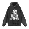 Sudadera con estampado de cómic en blanco y negro, lavado desgastado, corte holgado, inspirada en anime, estilo high-street, con capucha, en stock, para exportación