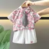 0923 Camisa de Verano de Manga Corta para Niños 2025 Nuevo Estilo Street Style Dopamina para Salir Conjunto de Camisa con Corbata de Moda