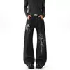 Alto design estilo de rua retro americano vibe cavalo vermelho jeans de brim cru masculino feminino rua solto perna larga calça comprimento total
