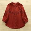 Camisa de Algodón de Doble Capa de Siete Mangas con Cuello para Mujer, Verano Nuevo Estilo Chino, Flor Bordada en Punto de Cruz, Suave, Agradable a la Piel, Top de Algodón Puro