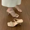 Sandálias femininas slip-on da moda e estilosas, com bico quadrado e aberto, perfeitas para usar no verão com saias, deslumbrantes sandálias femininas de salto alto com strass