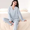 Pijama de primavera y otoño para mujer, algodón elástico, casual, se puede usar afuera, cárdigan con cuello de solapa, ropa de casa de manga larga, traje fino de otoño