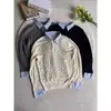 Suéter de Dos Piezas Tejido en Punto Trenzado Estilo Old Money para Hombre, Suéter Rayado Empalmado de Otoño, Top Perezoso de Gama Alta con Cuello Polo