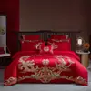 Juego de Cuatro Piezas de Algodón para Boda, Juego de Seis Piezas de Algodón Puro para Boda, Algodón de Fibra Larga, Colcha de Boda Dragón Rojo Grande y Fénix, Ropa de Cama para Boda