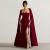 Vestido de Novo Estilo Europeu e Americano Transfronteiriço Amazon 2026 com Decote Quadrado, Comprimento Longo, Mangas Longas, Fenda Alta, Cor Sólida, Vestido Sexy