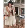 Vestido Longo com Manga Longa e Gola Laço com Babados Suaves Estilo Francês para Mulheres, Temporada de Primavera, Colete Abotoado Marrom, Saia Curta de Linha A com Cintura Solta