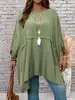 Camiseta de Color Sólido con Mangas Murciélago de Talla Grande para Primavera y Otoño, Transversal Europea y Americana de Amazon, Top Holgado y con Caída, Favorecedor Cuello Redondo para Mujer