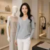Fábrica de vestuário fonte outono novo plus size feminino gola V alta elasticidade canelado manga longa camiseta básica, feito sob medida a partir de imagens ou amostras fornecidas
