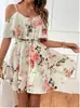 2024 Comercio Exterior Europeo y Americano Clásico Dulce Bohemio Estampado Hombro Descubierto Plisado Tirantes Vestido