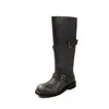 Botas femininas de couro envelhecido, novo estilo outono, bico redondo, fivela de cinto, salto médio vintage, botas longas de cano alto