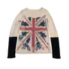 Camiseta de Moda Y2K Americana Tendencia Estilo Ins Otoño Retro Estampado de Bandera Nacional Manga Larga Puntada de Contraste