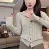 Versátil para el día a día Cuello solapa Gris Corte Cut Out Manga larga Tejido de punto Prendas de punto para mujer Otoño e Invierno Cárdigan Estilo coreano Ajuste ceñido Top
