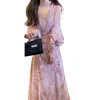 Vestido largo de estilo francés para primavera y otoño, color rosa con lunares y cintas, cuello en V, elegante, entallado en la cintura, estilizado, línea A, venta al por mayor transfronteriza
