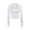 Top de Moda para Chica Caliente con Cuello Cuadrado y Cintura Ajustada para Mujer, Estilo Francés, Slim, Sexy, Color Sólido, Estilo Puro Deseo, Camiseta de Manga Larga