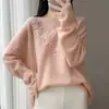 Suéter de Tricô Bordado com Crochê Outono/Inverno Ombro Único 100% Lã Mercerizada para Mulheres Solto Macio Fofo Estilo Preguiçoso Camada Base