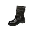 Botas de Cavaleiro Empilhadas Retrô Femininas 2026 Nova Chegada de Outono Cano de Altura Dupla Fivela de Cinto Salto Grosso Botas Longas Couro de Microfibra Bico Redondo
