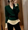 Suéter de Punto de Alto Gama con Bloques de Color Estilo Coreano para Mujer, Diseño Otoño e Invierno, Ceñido a la Cintura, Adelgazante, Prendas de Punto para Usar por Debajo