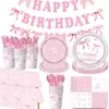 Amazon Tema Lazo Rosa Decoraciones de Mesa para Fiesta de Cumpleaños Platos de Papel Desechables Vasos de Papel Banderines