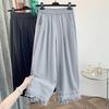 Fotos Reales Primavera/Verano 2026 Nuevo Estilo Cintura Elástica Encaje Hueco Volante Pantalones de Pierna Ancha para Mujer Sueltos Rectos Pantalones de Nueve Puntos
