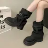 Botines Cortos para Mujer con Aumento Interno de Altura, Hebilla, Botas de Piel Fruncida, Botas de Tacón Grueso hasta Media Pantorrilla, Botas Vaqueras Western de Suela Gruesa para Otoño e Invierno, Botas Arrugadas