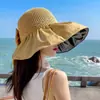 Sombrero de Sol de Vinilo Negro con Lazo para Mujer Sombrero de Paja Calado Protección UV Ala Ancha Sombrero de Protección Solar Hace que la Cara Parezca Más Pequeña