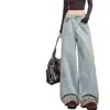 Jeans de perna larga com patchwork de estampa de leopardo estilo retrô para mulheres, adequado para primavera e outono, plus size, corte A solto, moderno, casual, calça reta