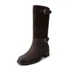 Botas de Caballero con Película de Capa de Cuero Vacuno para Mujer Botas Individuales Otoño e Invierno Nuevas Punta Redonda Hebilla Tacón Medio Calzado sin Cordones Botas de Media Pantorrilla para Mujer 40