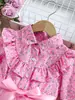 Exportación Transfronteriza Vestido Camisa de Manga Larga con Estampado Floral Pequeño para Niñas Botones Camisa Empalme Falda de Malla