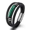 Pulseira Popular Natural de Pedra Olho de Tigre da Amazon para Homens com Fecho Magnético de Aço Inoxidável e Pulseira de Couro Genuíno Multicamada, Atacado em Estoque