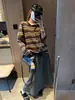 Suéter Cardigan Tricô Mochie Solto Estiloso para Feriado Atmosfera Bloco de Cores Listrado Barra Enrolada Gola Redonda MQ1977