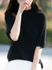 2026 Nuevo Estilo de Verano para Mujer, Top de Punto con Cuello Semi Alto Bordado de Hojas, Manga Media, Corte Entallado, Elegante y Versátil