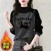 Moletom de Veludo Dupla Face com Retalhos de Manga Longa e Gola Alta Meia-Boca Novo para Outono e Inverno Top Feminino Quente e que Reduz a Idade, Solto e Fashion