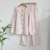 Pijama de gaze dupla camada 100% algodão Classe A para primavera, verão e outono para mulheres, roupão doce com renda, conjunto de cardigã feminino de manga longa