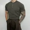Camisa de Punto de Manga Corta con Cuello Henry para Hombre, Verano, Seda de Hielo, Transpirable, Corte Ajustado, Resalta Músculos, Negocios, Venta al por Mayor Transfronteriza Europea y Americana
