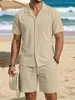 Conjunto de Camisa Casual de Algodón y Lino de Manga Larga con Botones y Shorts de Playa para Vacaciones de Verano para Hombre Estilo Americano Transfronterizo