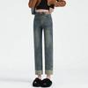 Calça Jeans Reta Feminina Petite Costura Vintage Calça Cropped Design com Etiqueta de Couro Cintura Alta Slim Fit Calça Tubo Fumaça