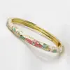Pulseira de Esmalte Cloisonné de Pequim para Mulheres, Círculo Fino Esmaltado Abertura Oval, Simples e Fashionable Flor de Filigrana com Strass Banhado a Ouro