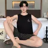 Pode Ser Usado Fora como Pijama, Colete de Verão Masculino, Shorts sem Mangas, Roupa de Casa 100% Algodão, Estilo de Verão Masculino, Conjunto de Tamanho Grande