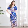 Vestido de Verano Elegante con Mangas Abullonadas, Escote en V y Abertura, con Aplicación Bordada Tridimensional Pesada