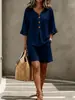 Novo conjunto de top e shorts casuais de algodão com botões, gola V e mangas de três quartos com babados, para comércio exterior transfronteiriço europeu e americano