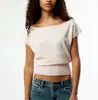 Top Corto Holgado con Mangas Murciélago de Manga Corta, Hombro Descubierto, Estilo Francés Suave y Perezoso, Camiseta Ajustada a la Cintura que Muestra la Cintura para Mujer