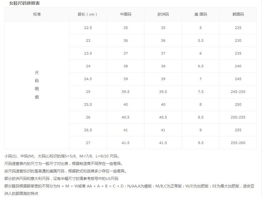 女鞋尺码表