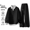 Traje Deportivo Casual de Dos Piezas Falsas para Primavera y Otoño para Hombre, Sudadera de Cuello Redondo Talla Grande y Pantalones Deportivos, Conjunto de Pantalones Anchos para Hombre, Algodón para Hombre
