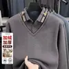 Suéter de lana de dos piezas falso para hombre, capa base, cuello de camisa casual, forro polar, engrosado, cálido, todo en uno, suéter de punto tipo papá de forro polar