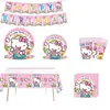 Em estoque Decorações de Festa Rosa Hello Kitty Pratos de Papel de Aniversário Copos de Papel Bandeirolas Balões Conjunto de Talheres Descartáveis