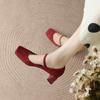 Francês retro estilo Hong Kong bico quadrado salto grosso sapatos de camada única fivela de salto alto outono feminino sapatos de casamento vermelho Mary Jane sapatos femininos