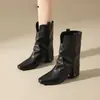 Botas de Salto Melaleuca Femininas Bico Fino Salto Plataforma Meio da Panturrilha Botas de Couro Macio Amassado Retrô Botas Curtas Western para Menina Spicy