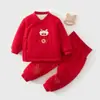 Conjunto de Roupas Acolchoado de Algodão para Bebê, Roupa Unisex para Passeio de Bebê, Roupa Vermelha de Ano Novo, Roupa de Algodão para Bebê