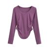 Camiseta de manga larga plisada con cuello redondo y cintura de hormiga de estilo europeo y americano para mujer, top ajustado y adelgazante con curvas para chica de primavera 2024